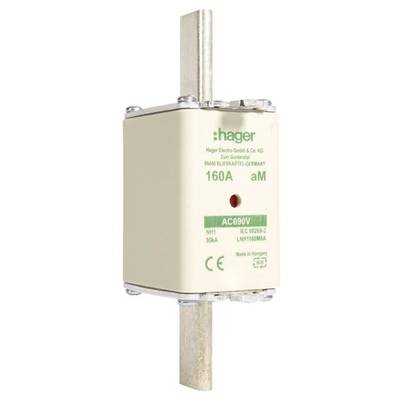 Ein rechteckiger Sicherungseinsatz mit der Aufschrift 'Hager', Nennstrom 160A, Spannung 690V, für den Schutz von elektrischen Systemen.