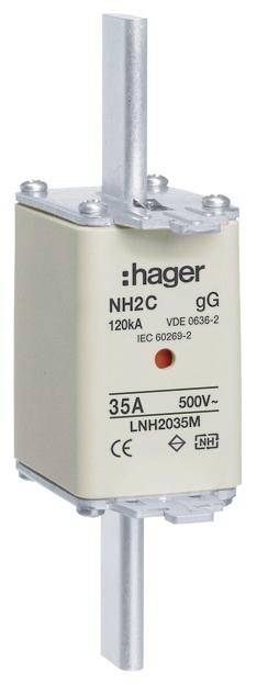'NH2C' Sicherungseinsatz von Hager, Nennstrom 35A, Spannung 500V; kennzeichnet mit '120kA', 'VDE 0636-2', 'IEC 60269-2'.