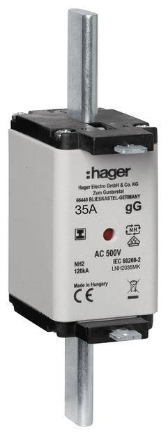 Sicherungseinsatz von Hager mit 35A Kapazität, geeignet für 500V AC Spannung. CE-zertifiziert, hergestellt in Ungarn.