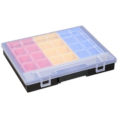 Ein transparenter Kunststoff-Organizer mit gelben, roten und blauen Fächern zur Aufbewahrung von kleinen Gegenständen.