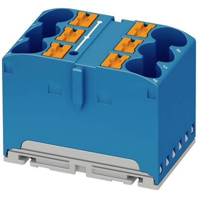 Ein blauer, rechteckiger elektrischer Anschlussblock mit orangefarbenen Klemmen, geeignet für den einfachen Anschluss von Kabeln.