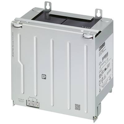 Ein rechteckiger Metallkasten mit technischen Aufklebern und Anschlüssen an der Unterseite. Könnte ein Gerät zur Energieversorgung sein.