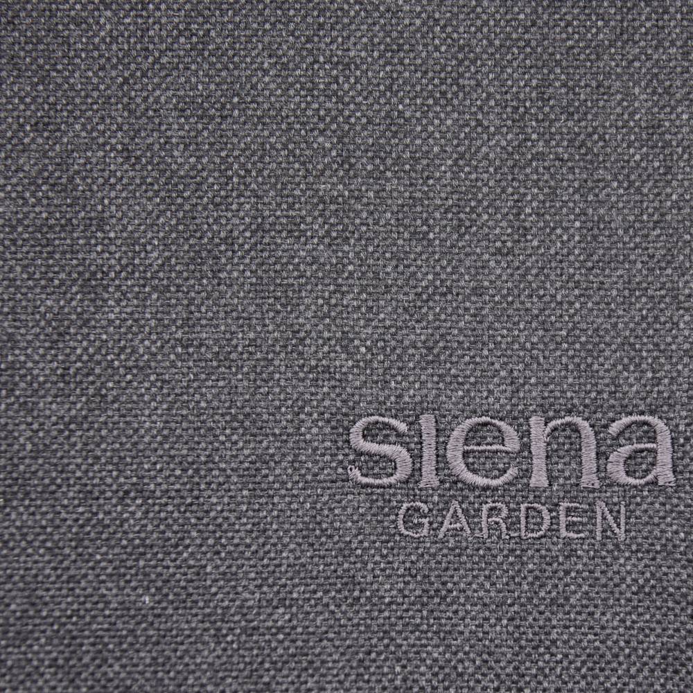 Graues Stoffmuster mit der Aufschrift 'siena GARDEN' in lila Schrift unten rechts.
