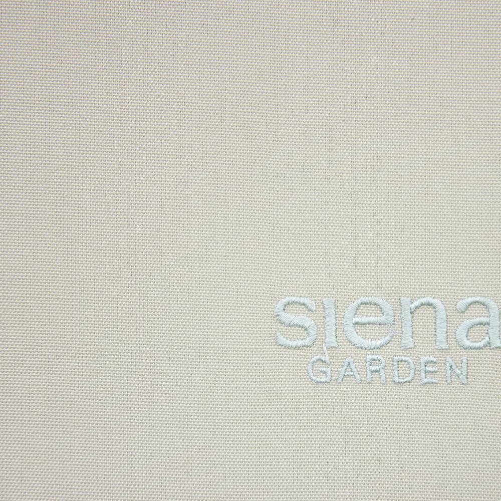 Beige Stoff mit aufgesticktem Text: 'Siena Garden'.