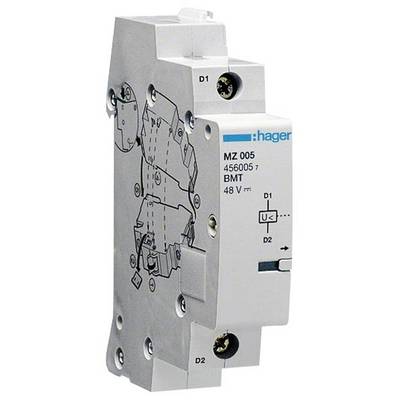 Ein elektrischer Schaltbaustein von Hager mit der Kennzeichnung 'MZ 005', geeignet für 48 V, zeigt technische Details auf der Vorderseite.