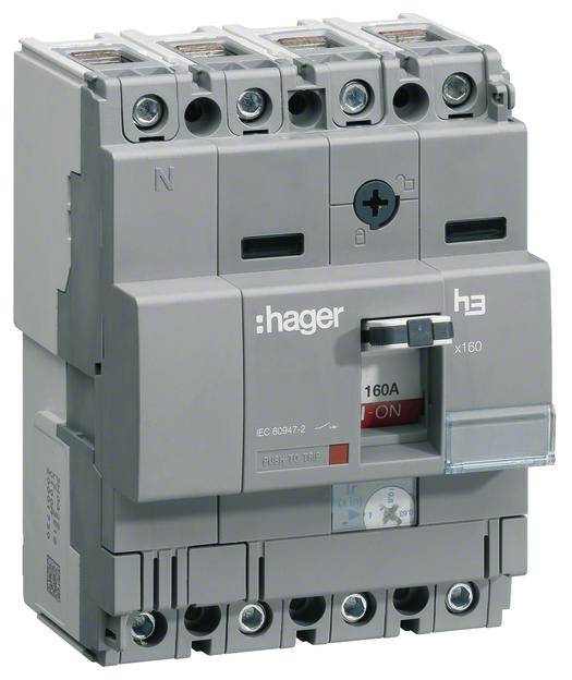 Ein vierpoliger Leitungsschutzschalter mit der Aufschrift 'hager', ausgelegt für 160 Ampere, zeigt Einschaltzustand.