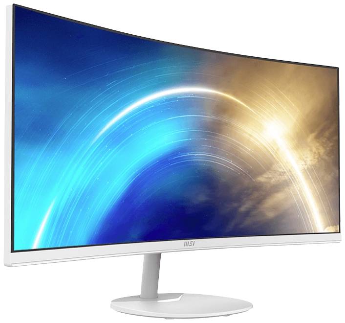 Gebogener Computermonitor mit blau-orangem abstraktem Hintergrund auf dem Bildschirm, auf weißem Standfuß montiert.