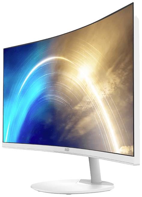 Ein gebogener Computerbildschirm mit schmalem Rahmen zeigt ein dynamisches, farbenfrohes Bild in Blau- und Gelbtönen.