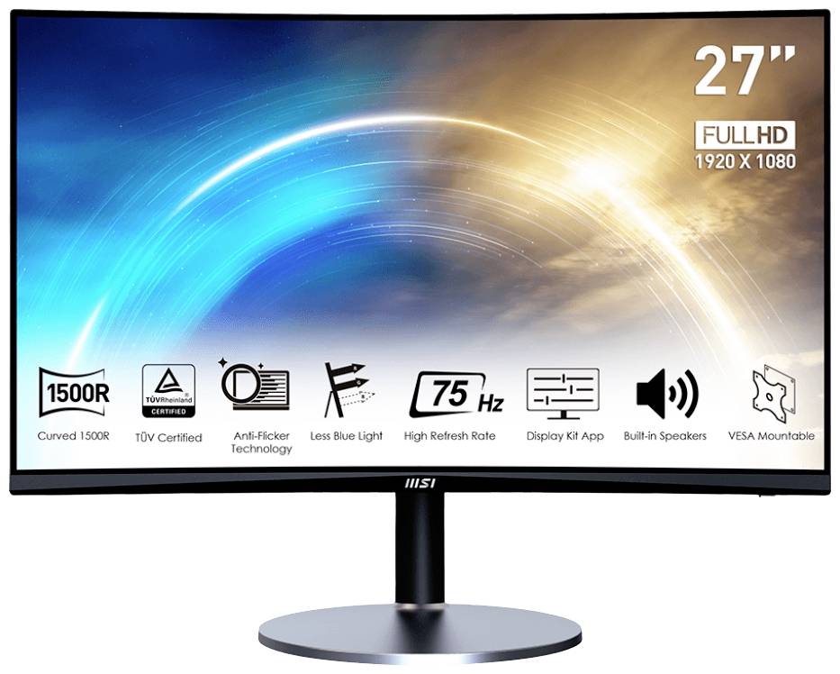 Ein 27-Zoll-Full-HD-Monitor mit gebogenem Bildschirm, 1920x1080 Auflösung, 75 Hz Bildwiederholrate, integrierten Lautsprechern und VESA-Montageoption.