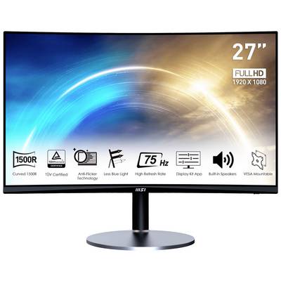 Ein 27-Zoll-Full-HD-Monitor mit gebogenem Bildschirm, 1920x1080 Auflösung, 75 Hz Bildwiederholrate, integrierten Lautsprechern und VESA-Montageoption.
