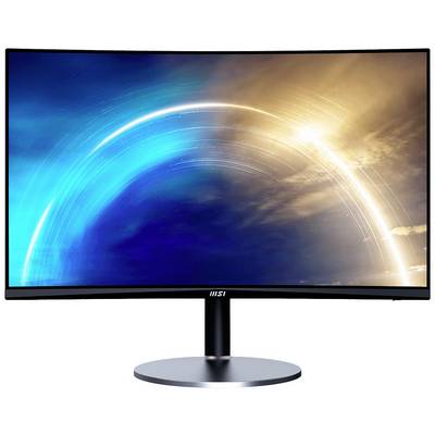 Gekrümmter Computermonitor mit einem farbenfrohen Bild, das Blau- und Goldtöne ineinander fließend zeigt.