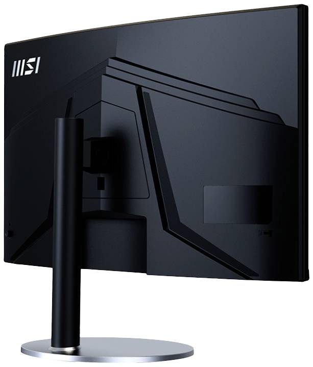 Computermonitor von hinten, zeigt die schlanke, gebogene Form und den stabilen Standfuß.