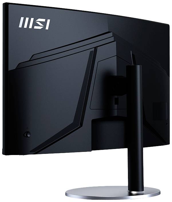 'Ein schwarzer Computermonitor von hinten, mit elegantem Design und abgerundeter Standfußbasis. Das MSI-Logo ist oben links sichtbar.'