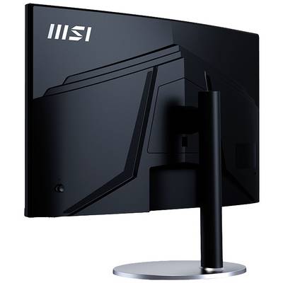'Ein schwarzer Computermonitor von hinten, mit elegantem Design und abgerundeter Standfußbasis. Das MSI-Logo ist oben links sichtbar.'