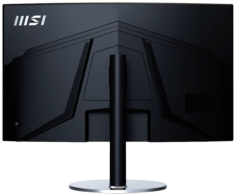 Ein schwarzer Computerbildschirm von hinten mit einem markanten Design und einem runden Standfuß. Oben links steht 'MSI'.