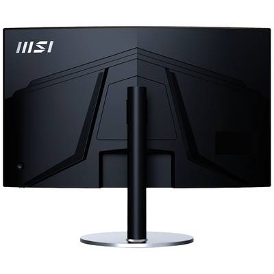 Ein schwarzer Computerbildschirm von hinten mit einem markanten Design und einem runden Standfuß. Oben links steht 'MSI'.