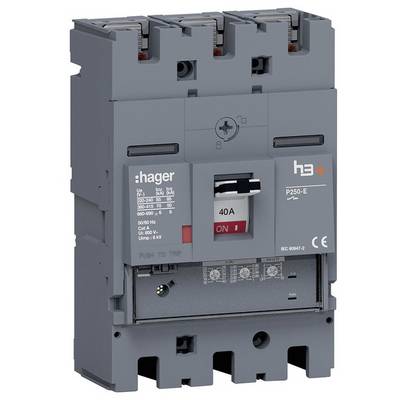 Grauer Leistungsschalter von Hager, Modell h3+, P250-E, 40A, mit orangefarbenem "ON"-Schalter und technischen Spezifikationen.