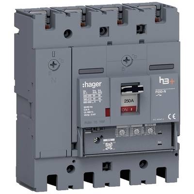 Grau-weißes elektrisches Schaltgerät von Hager, Modell h3+, mit mehreren Schaltern und Knöpfen, zeigt '250 A' an.