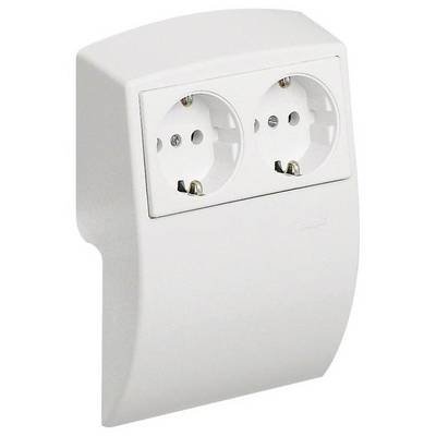 Weiße Doppelsteckdose ohne angeschlossene Kabel, geeignet für europäische Standardstecker, montiert an einer Wandplatte.