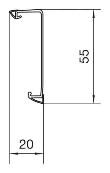 Technische Zeichnung eines Querschnitts mit Maßangaben: Höhe 55 mm, Breite 20 mm. Zeigt ein Profil mit Haken und Kanten.