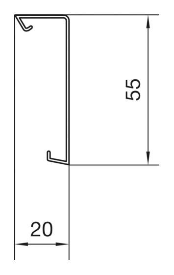 Technische Zeichnung eines Profils mit den Maßen 55 mm Höhe und 20 mm Tiefe, zeigt Seitenansicht eines rechteckigen Metallteils.