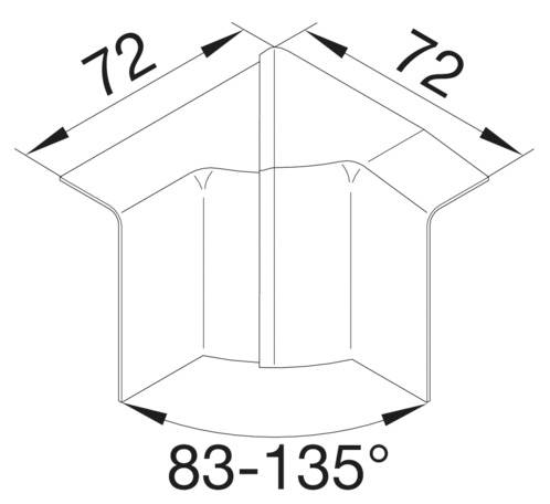 Diagramm einer Metallecke mit den Maßen 72 mm auf beiden Seiten und einem variablen Winkelbereich von 83 bis 135 Grad.