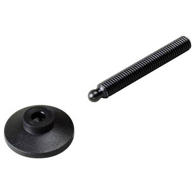 Schwarze Metall-Druckschraube und runde Spannscheibe auf weißem Hintergrund.