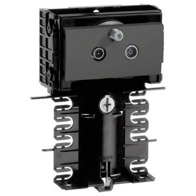 Ein schwarzes elektrisches Anschlussmodul mit mehreren Metallkontakten und Schraubverbindungen, montiert auf einer schwarzen Halterung.