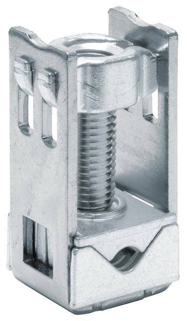 Ein silberner Schraubverbinder aus Metall mit einem Gewinde in der Mitte, geeignet für die Befestigung von Bauteilen in einem Möbelstück.