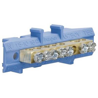 Eine blaue elektrische Anschlussklemme mit acht Schraubkontakten und Beschriftungen auf der Oberseite zur Befestigung und Verbindung von Kabeln.