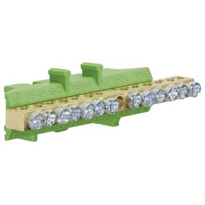 Grüne Hager-Klemmleiste mit zehn silbernen Schraubklemmen, Aufdruck '1.5-10/16 hager U750V T55', verwendet für elektrische Anschlüsse.