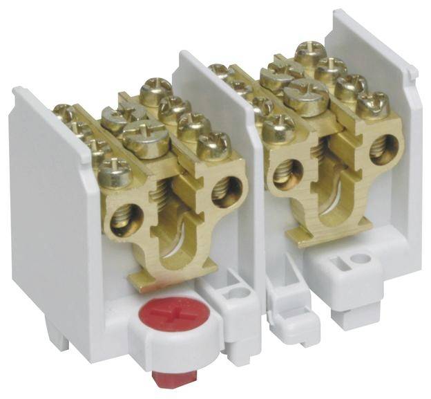 Elektrische Klemmleiste mit zwei Messingklemmen, geeignet für Drahtanschlüsse. Ideal für Verbindungen in elektrischen Schaltkästen.