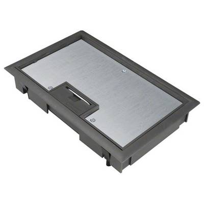 Rechteckige schwarze Box mit silberner Abdeckung und Griff in der Mitte; möglicherweise ein Deckel oder Zugangsklappe.