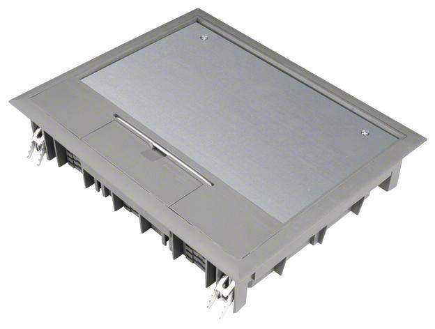 Bodensteckdose aus Metall mit rechteckiger Abdeckung und zwei seitlichen Kabelöffnungen. Geeignet für den Einbau in den Fußboden.