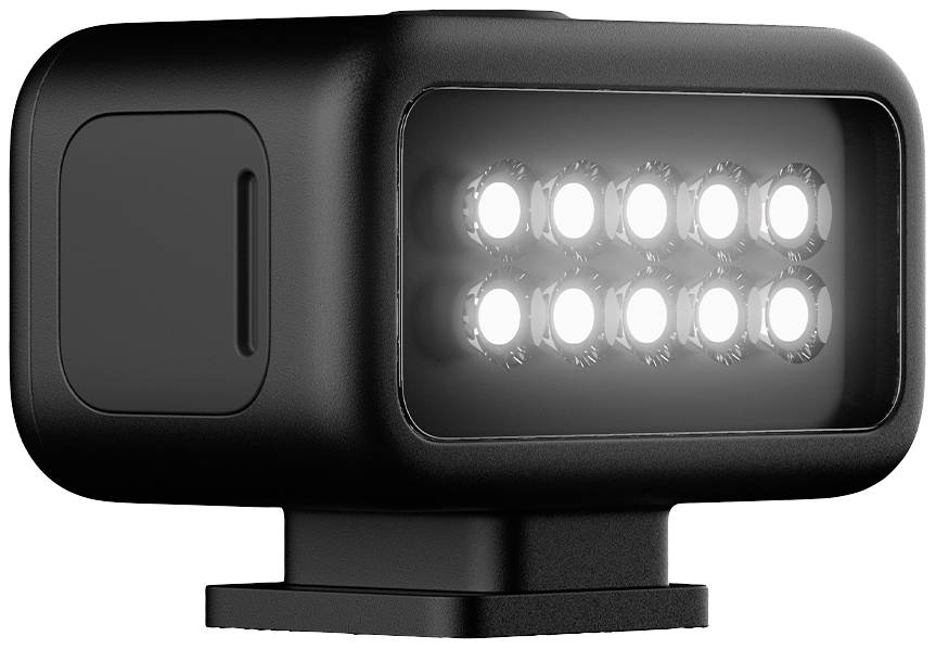 Kompakte, schwarze LED-Lampe mit acht leuchtenden Dioden, montiert auf einer Halterung. Ideal für Kamerabeleuchtung.