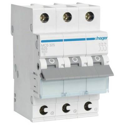 Ein dreipoliger Leistungsschalter von Hager, Modell MCS 325 B25, geeignet für elektrische Schalttafeln zur Überlastsicherung.