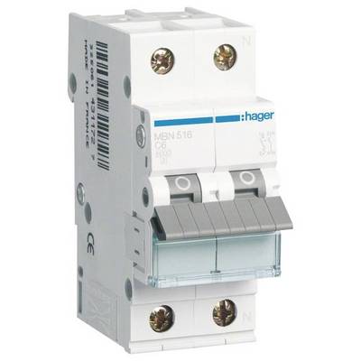 'Ein zweipoliger Leistungsschalter von Hager mit der Bezeichnung MBN 516 C6, geeignet für elektrische Schutzmaßnahmen in Stromkreisen.'