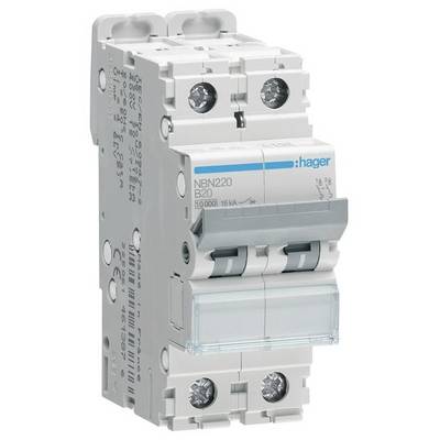 Ein zweipoliger Schutzschalter von Hager, Modellnummer NBN220 B20, geeignet für Überstromschutz bis zu 20 Ampere.