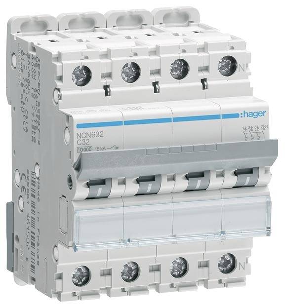 Ein elektrischer Leistungsschalter mit mehreren Schaltkreisen, Markenname sichtbar. Verwendet zur Steuerung von Stromflüssen in einem Stromkreis.