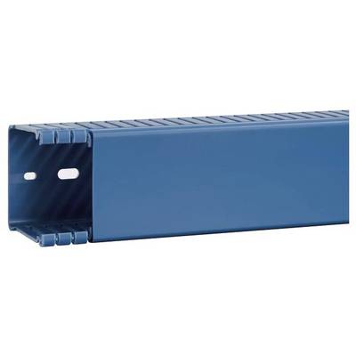 Ein blauer Kabelkanal mit seitlichen Schlitzen und ovalen Befestigungslöchern auf der linken Seite.