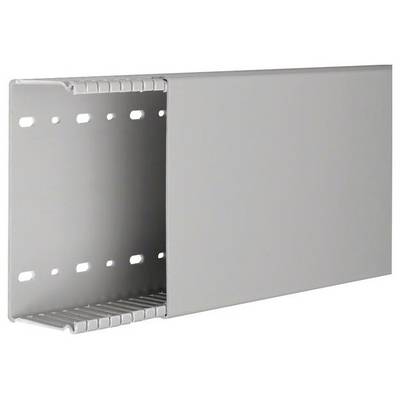 Kabelkanal mit Perforationen auf der Rückseite zur Belüftung, hergestellt aus grauem Material. Ideal zur Organisation von Kabeln.