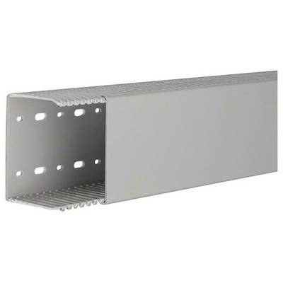 Ein rechteckiger, grauer Metallkanal mit Öffnungen an der Seite, verwendet zur Ordnung von Kabeln in technischen Installationen.