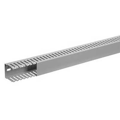 Eine graue Kabelrinne aus Metall mit Schlitzen zur Kabelverwaltung, perspektivisch von der Seite gezeigt.