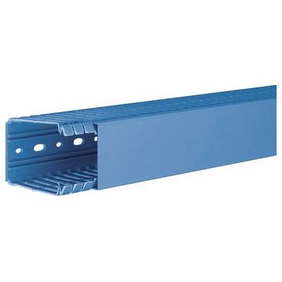 Ein blauer Kabelkanal aus Kunststoff, rechteckig, mit gerippten Seiten und mehreren Befestigungslöchern entlang der Kante.