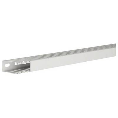 Kabelkanal aus grauem Kunststoff mit seitlichen Schlitzen zur Organisation von Kabeln in Elektroinstallationen.