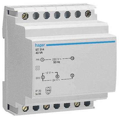 'Graumodul-Transformator Hager ST 314, 230V primär, 12V sekundär, 40VA, 50Hz. Anschlüsse oben und unten, für Schaltschrankmontage.'