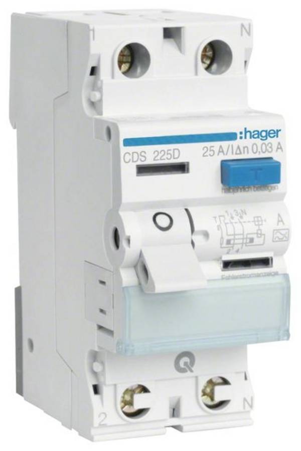 Hager CDS225D Hager CDS225D, Fehlerstromschutzschalter, Typ A FI-Schutzschalter A 2polig 25 A 0.03 A 230 V