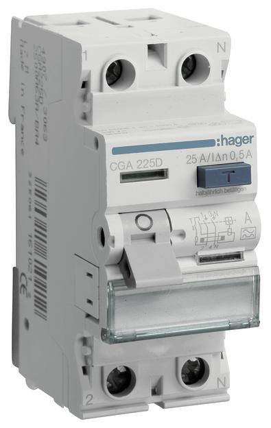 Ein zweipoliger Leitungsschutzschalter der Marke Hager, Modell CGA 225D, mit einer Nennstromstärke von 25 A und einer Nennfehlerstromstärke von 0,5 A.