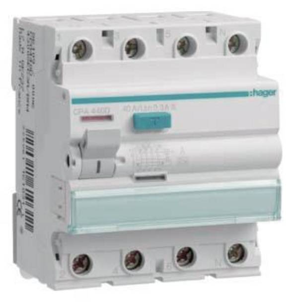 Hager CPA440D Hager CPA440D, Fehlerstromschutzschalter, Typ A FI-Schutzschalter A 4polig 40 A 0.3 A 400 V