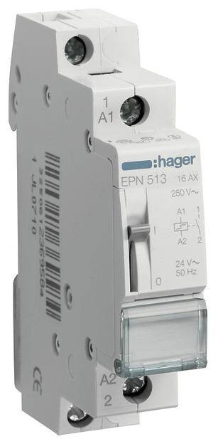 Ein weißer elektrischer Schalter mit blauen Markierungen der Firma Hager, Modell EPN 513, geeignet für bis zu 250V und 50Hz.